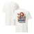 White t-shirt with cartoon character and text on a white background