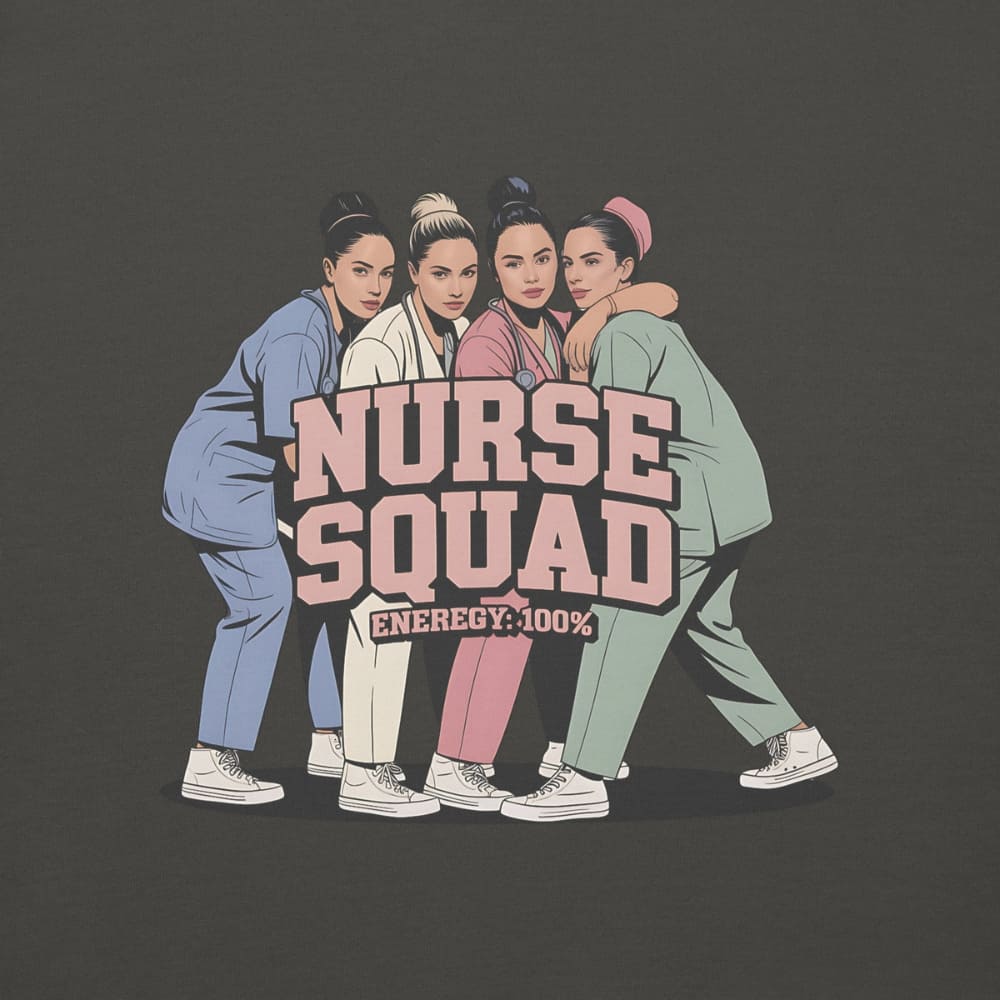 Illustration of four nurses with 'Nurse Squad' text on a dark background