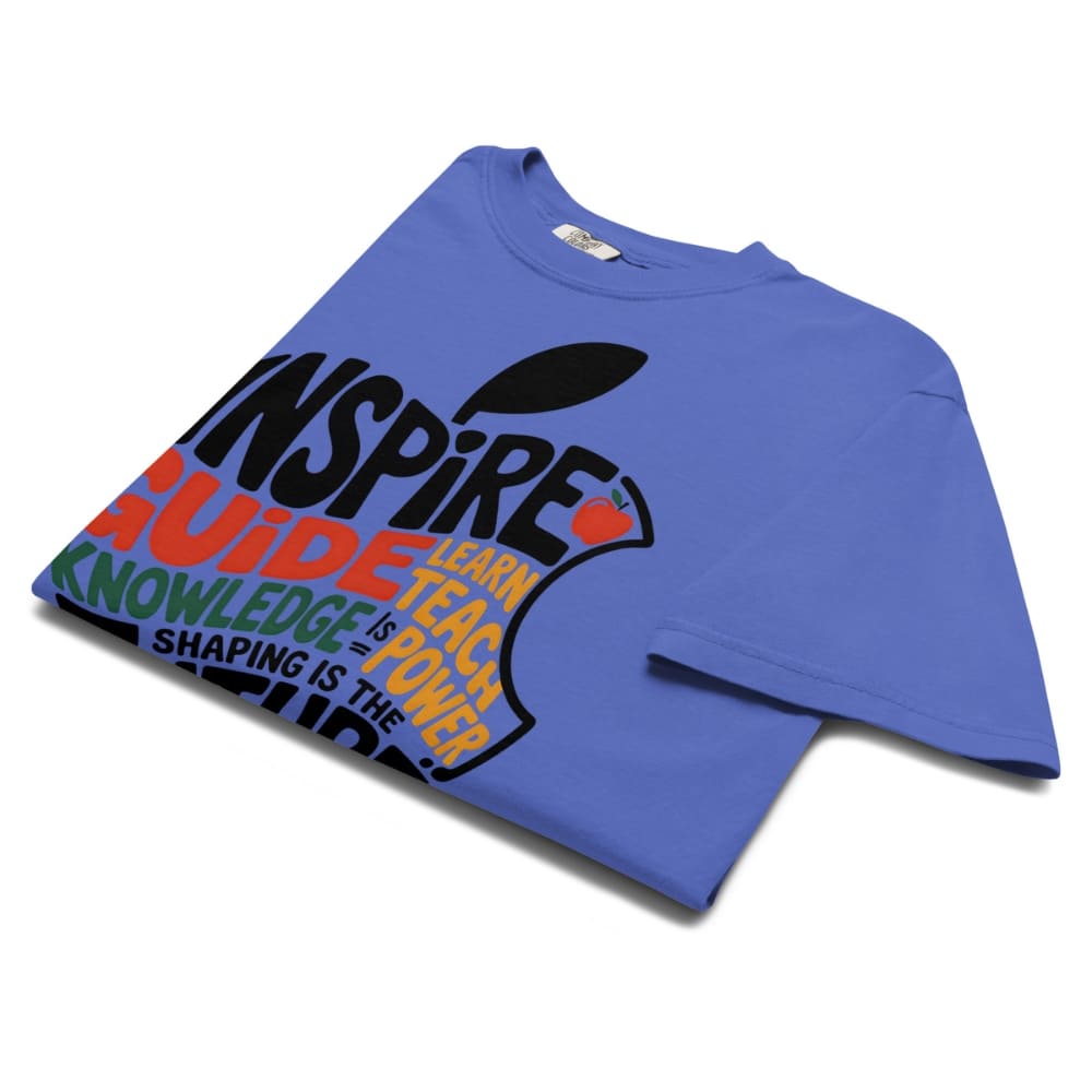 Blue t-shirt with colorful text design on a white background