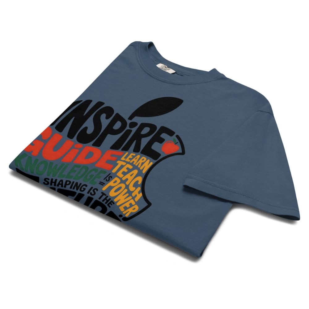 Blue t-shirt with motivational text design on a white background