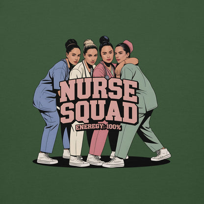 Illustration of four nurses in scrubs with 'Nurse Squad' text on a green background