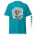 Teal t-shirt with a graphic design of a woman and text on a white background