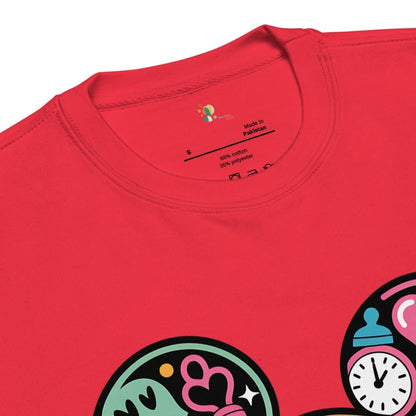 Red t-shirt with cartoon designs and brand logo on a white background