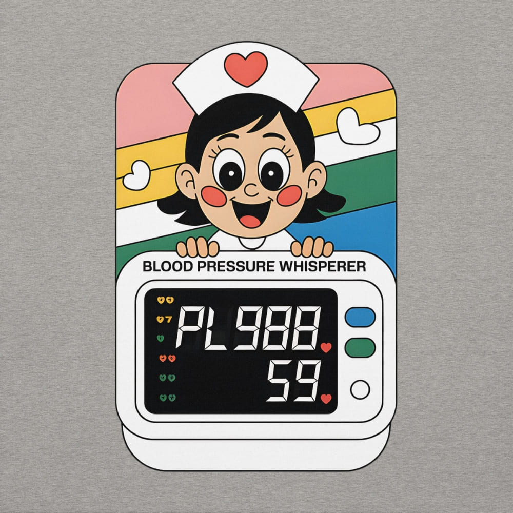 Cartoon character with a blood pressure monitor on a gray background