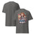 Gray t-shirt with colorful graphic and text on a white background