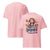Pink t-shirt with a graphic design and text on a white background