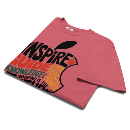 Pink t-shirt with text and graphics on a white background