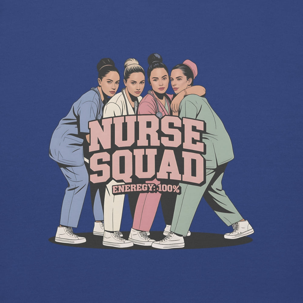 Illustration of four nurses hugging with 'Nurse Squad' text on a blue background