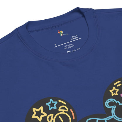 Close-up of a blue t-shirt with colorful graphics and a visible label on a white background
