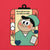 Cartoon character in medical scrubs with a clipboard on a red background