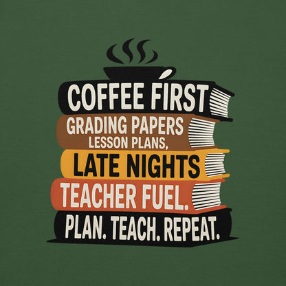 Stack of books with text about a teacher's day on a green background