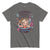 Gray t-shirt with a colorful graphic and text on a white background