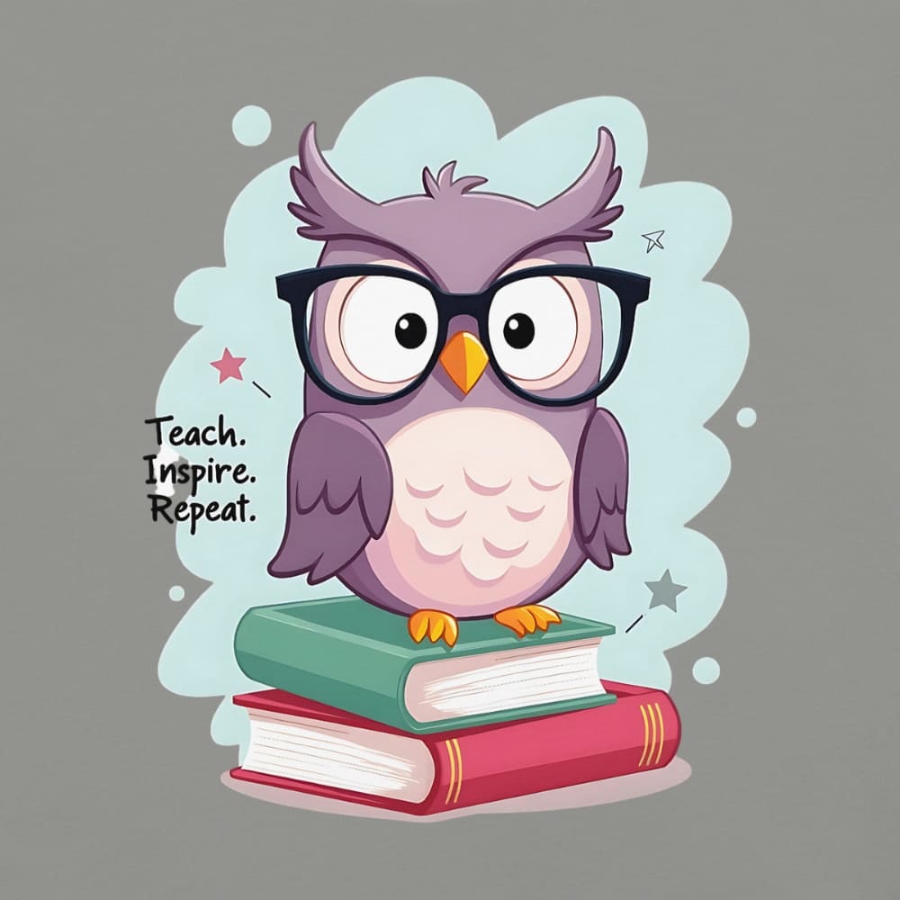 Cute purple owl with glasses sitting on stacked books, with quote "Teach. Inspire. Repeat." – printed on a teacher t-shirt