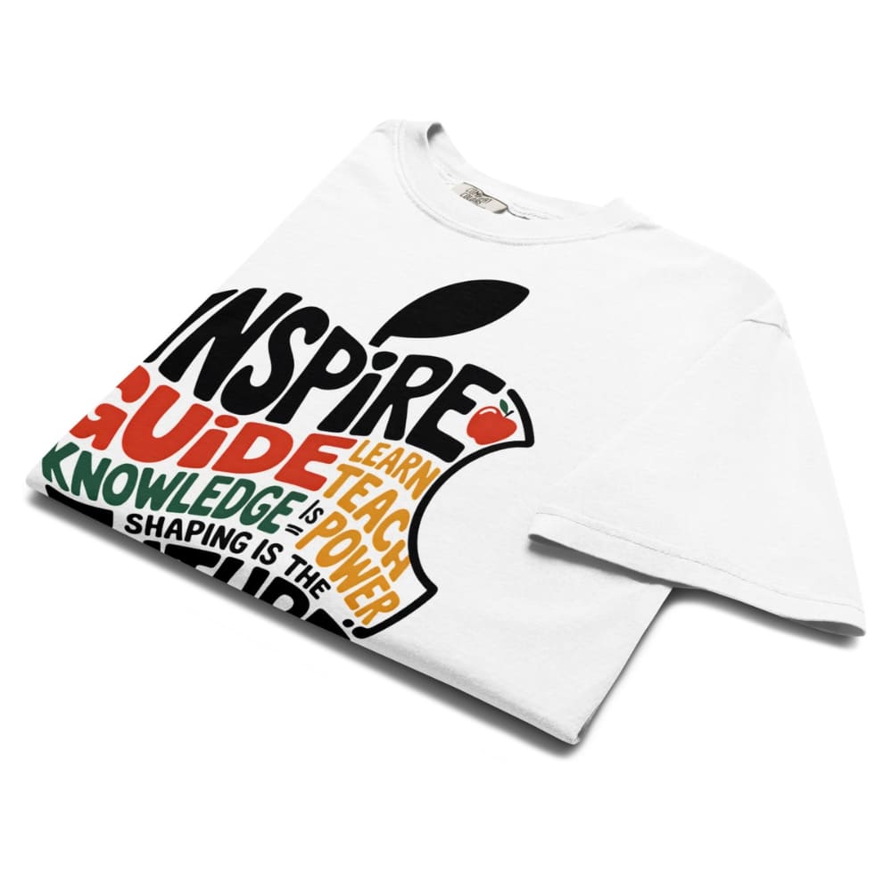 White t-shirt with colorful text design on a white background