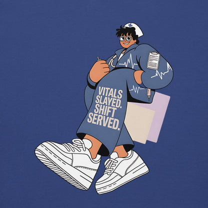 Illustration of a nurse character with text 'Vitals Slayed, Shift Served' on a blue background