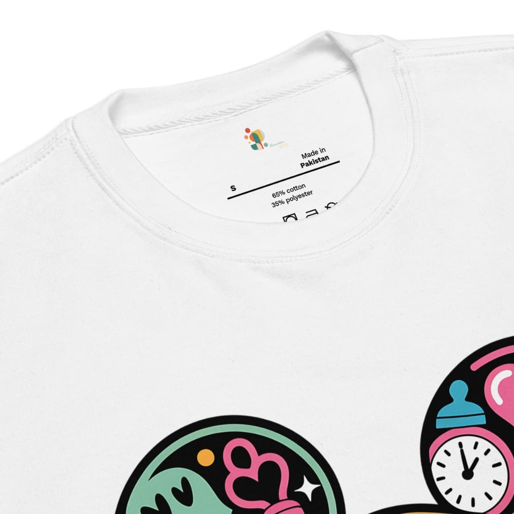 White t-shirt with colorful graphic design on a white background
