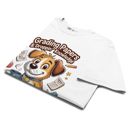 White t-shirt with a cartoon dog graphic and text on a white background