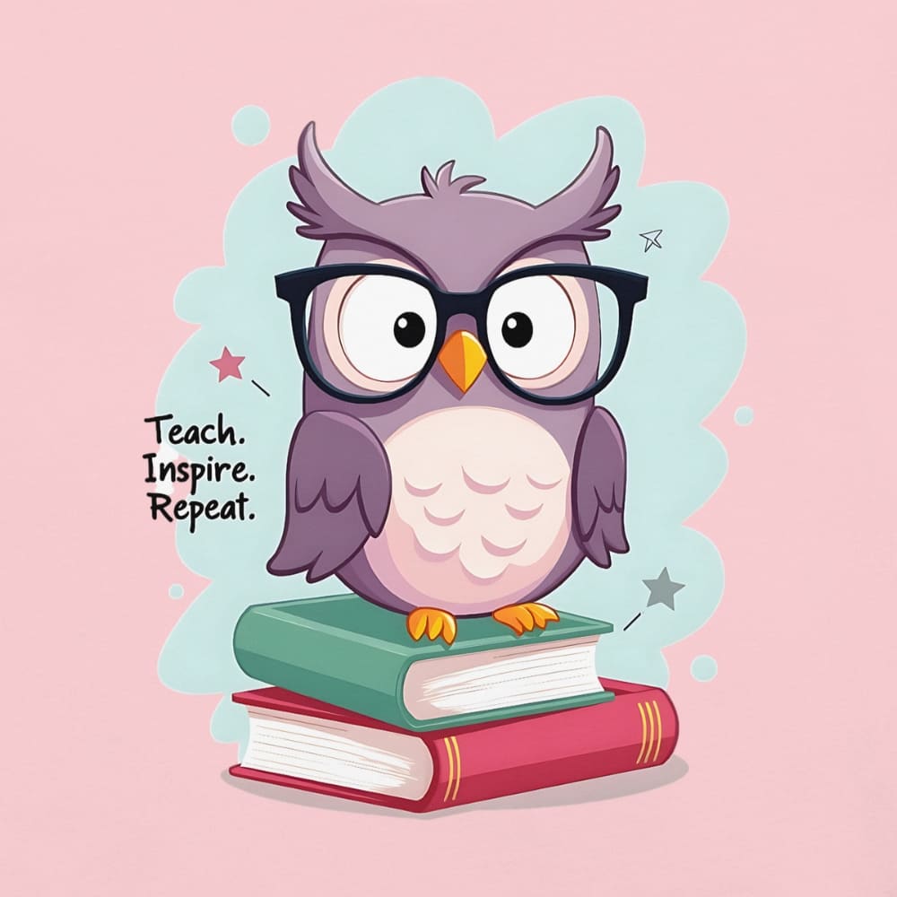 Cute purple owl with glasses sitting on stacked books, with quote "Teach. Inspire. Repeat." – printed on a teacher t-shirt