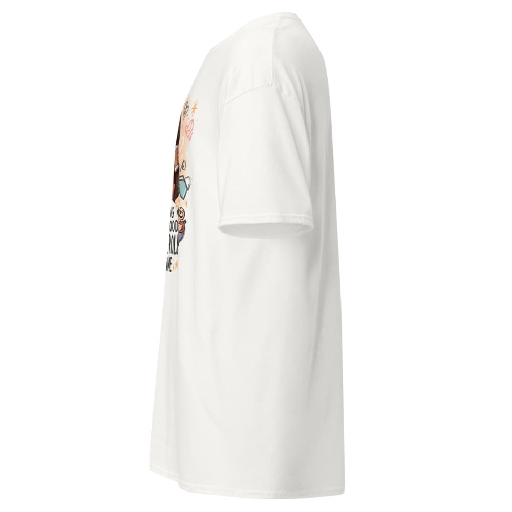 White t-shirt with a graphic design on the sleeve against a white background