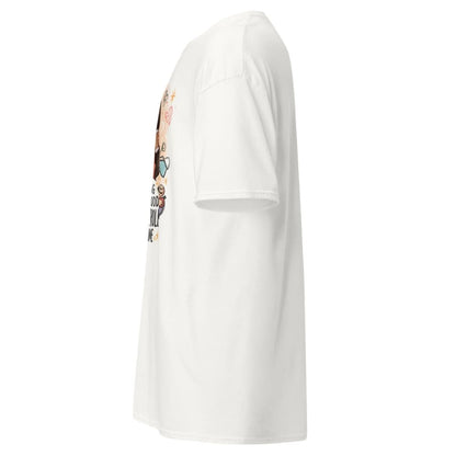 White t-shirt with a graphic design on the sleeve against a white background