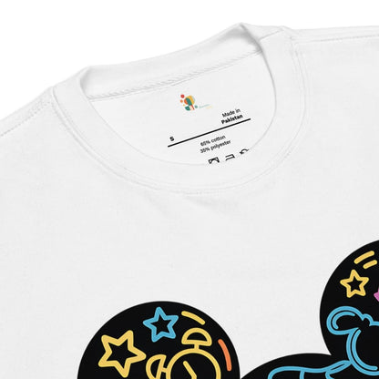 White t-shirt with colorful graphic design on a white background