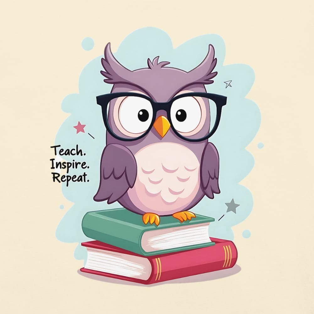 Cute purple owl with glasses sitting on stacked books, with quote "Teach. Inspire. Repeat." – printed on a teacher t-shirt