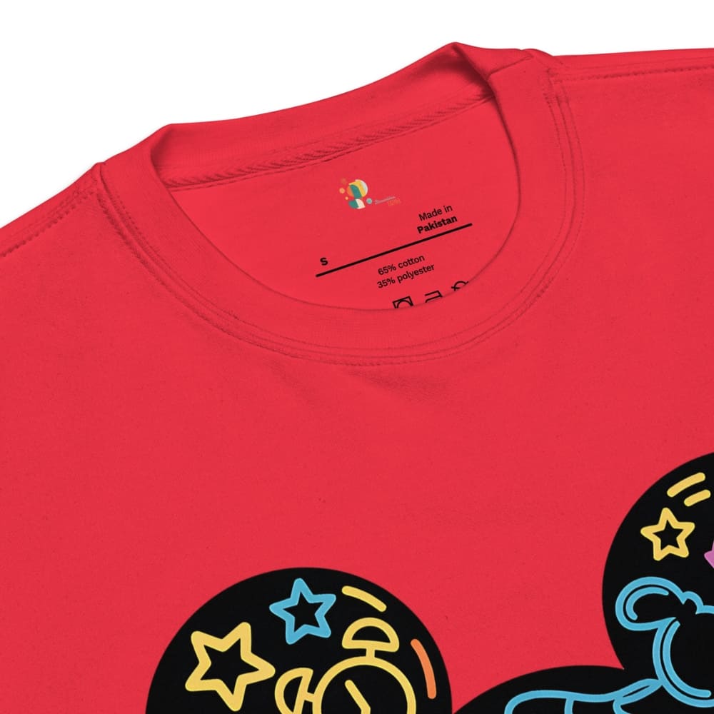 Red t-shirt with colorful graphics on a white background