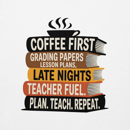 Stack of books with text about a teacher's daily routine on a white background