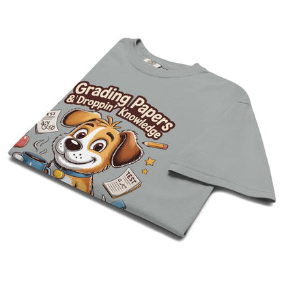 Gray t-shirt with a cartoon dog graphic and text on a white background