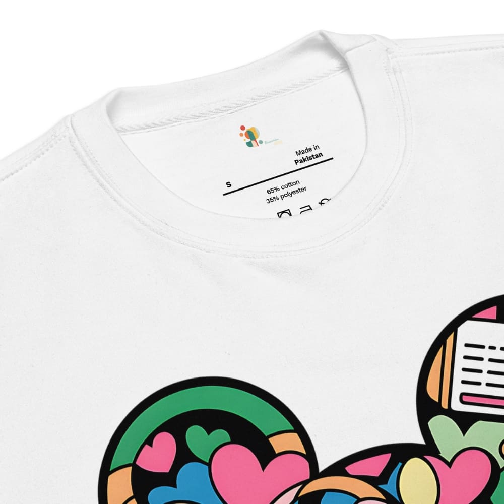 White t-shirt with colorful design and label on a white background