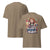 Brown t-shirt with colorful graphic and text on a white background