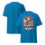 Blue t-shirt with colorful graphic and text on a white background