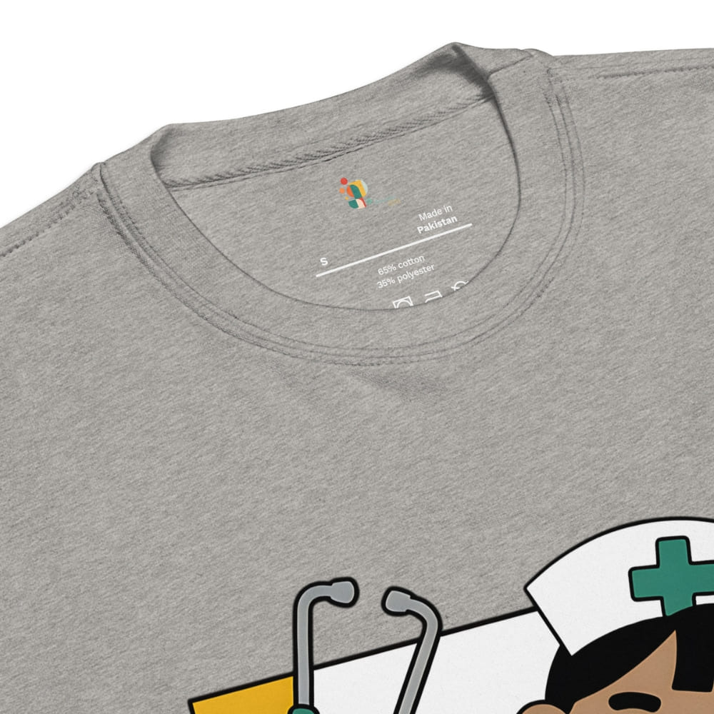 Gray t-shirt with cartoon character and stethoscope graphic, brand label visible.