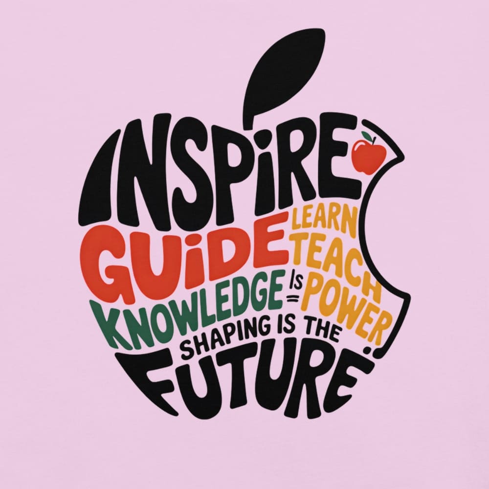 Educational-themed design with text and an apple silhouette on a pink background