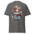 Gray t-shirt with a graphic design featuring a character holding a syringe and text on a white background