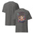 Gray t-shirt with a graphic design of a woman in a bathtub surrounded by laundry items and text on the front, with the back showing a plain gray color.