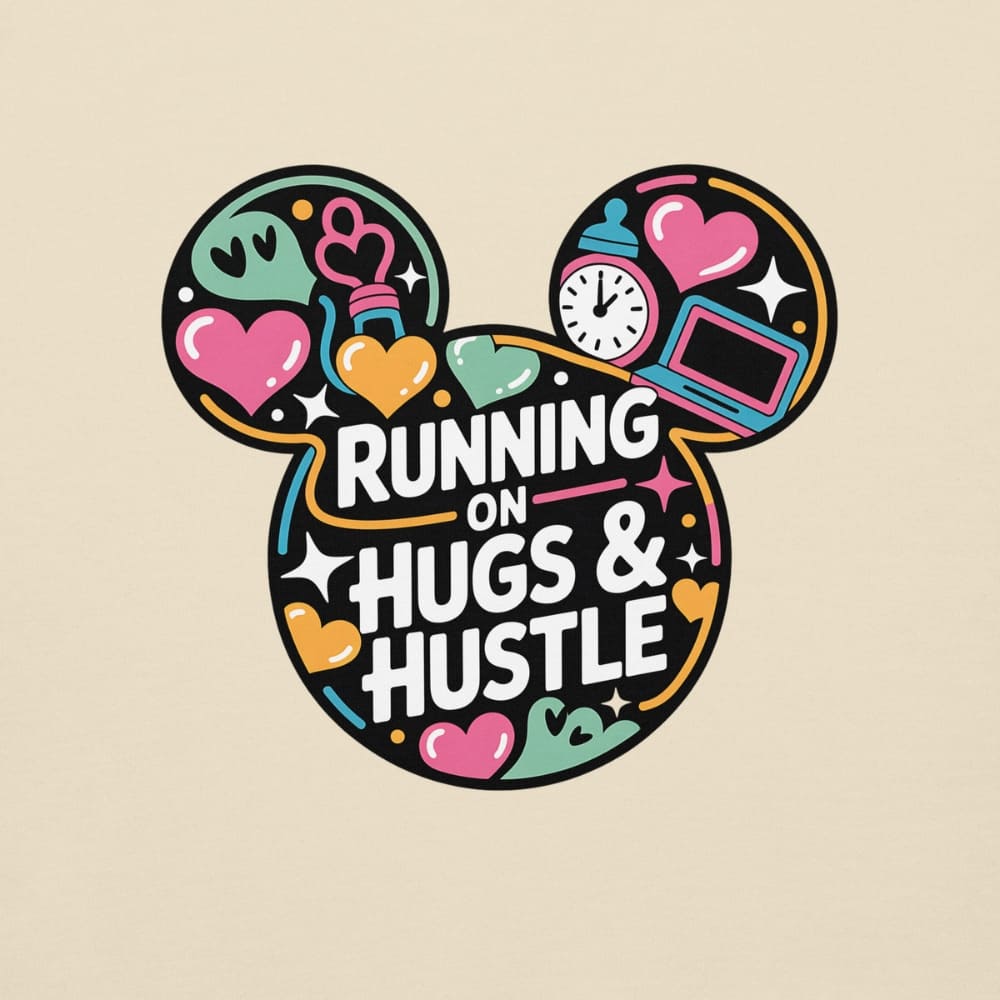 Colorful design of a Mickey Mouse head with 'Running on Hugs & Hustle' text on a beige background