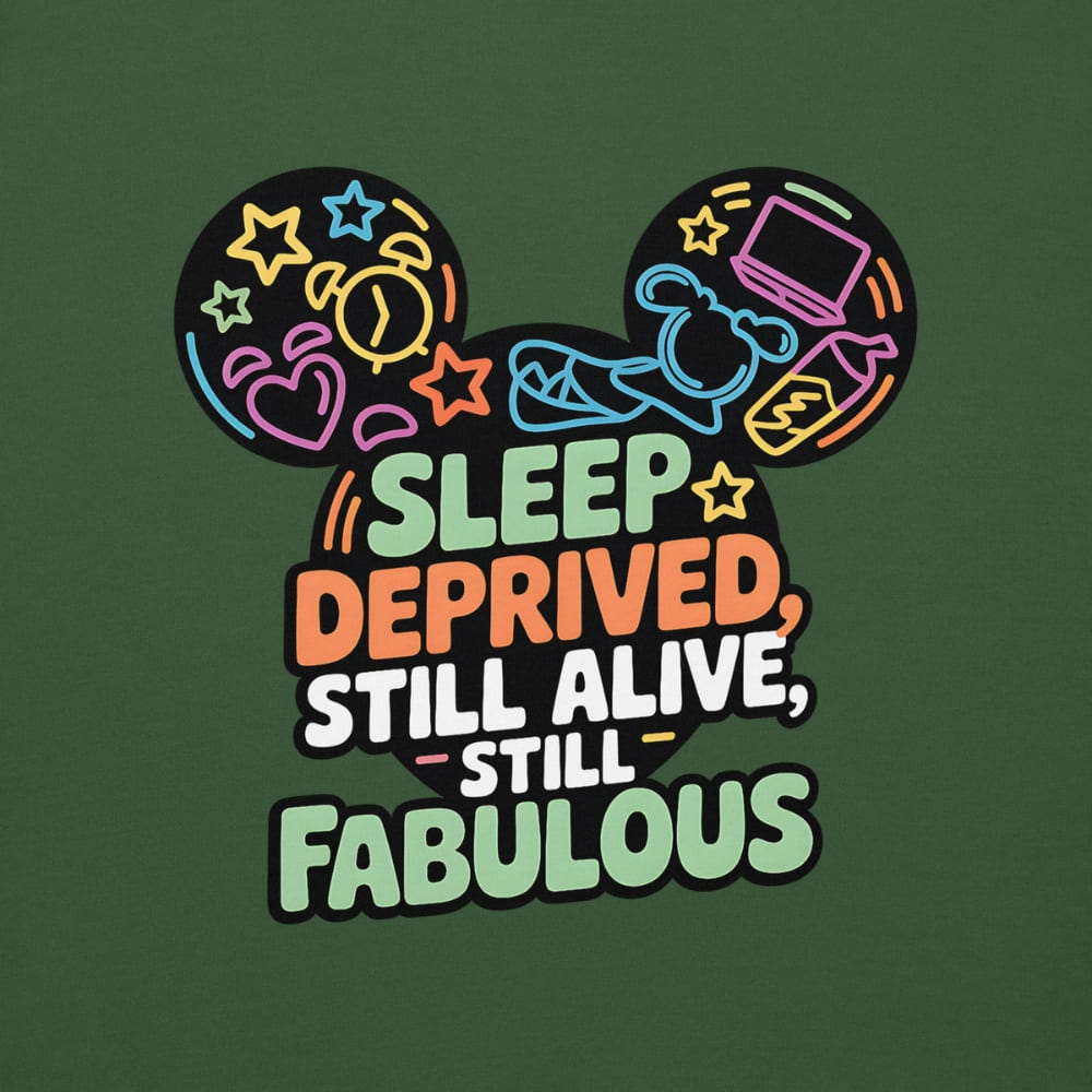 Colorful graphic with Mickey Mouse ears and text 'Sleep Deprived, Still Alive, Still Fabulous' on a green background