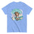 Light blue t-shirt with a graphic of a cartoon character and text on a white background