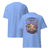 Light blue t-shirt with a graphic design and text on a white background