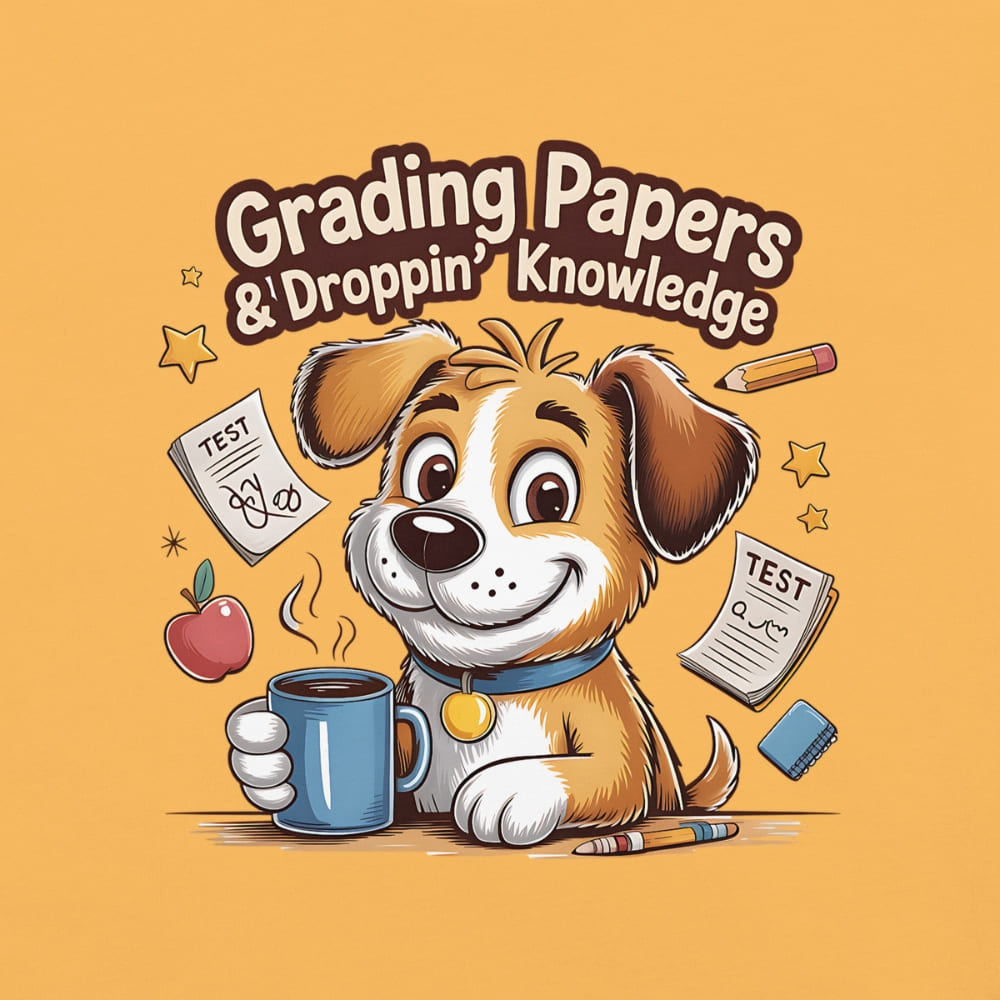 Cartoon dog holding a coffee cup with educational items on an orange background