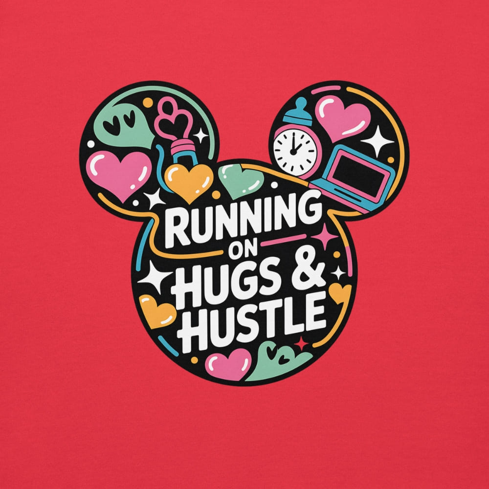 Colorful graphic of a Mickey Mouse head with 'Running on Hugs & Hustle' text on a red background