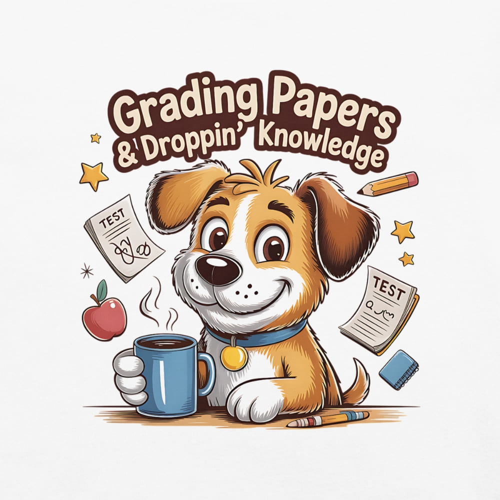 Cartoon dog holding a coffee cup with educational items around it, text 'Grading Papers & Droppin' Knowledge'.