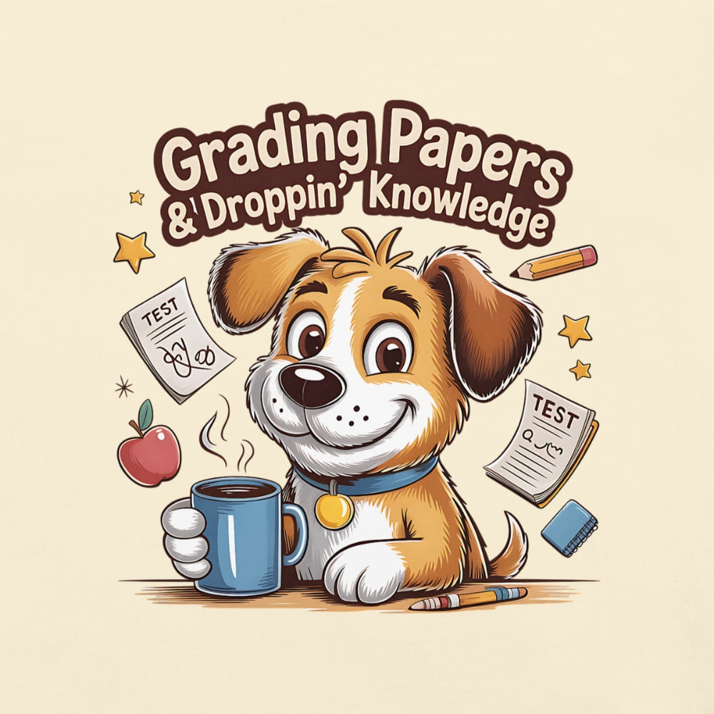 Cartoon dog holding a coffee cup with educational items around on a beige background