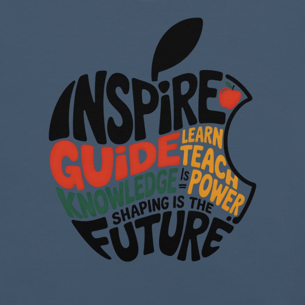 Educational-themed design with text and an apple on a blue background