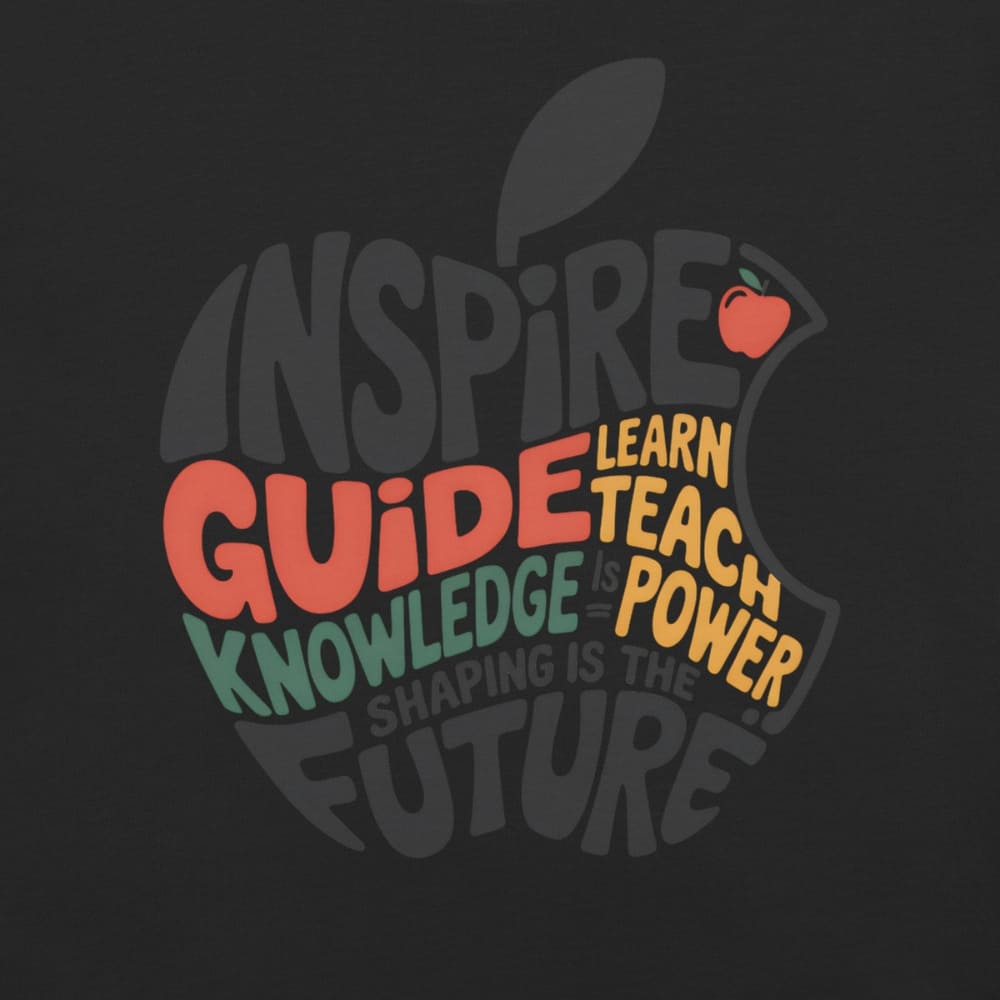 Educational-themed design with text and an apple on a black background