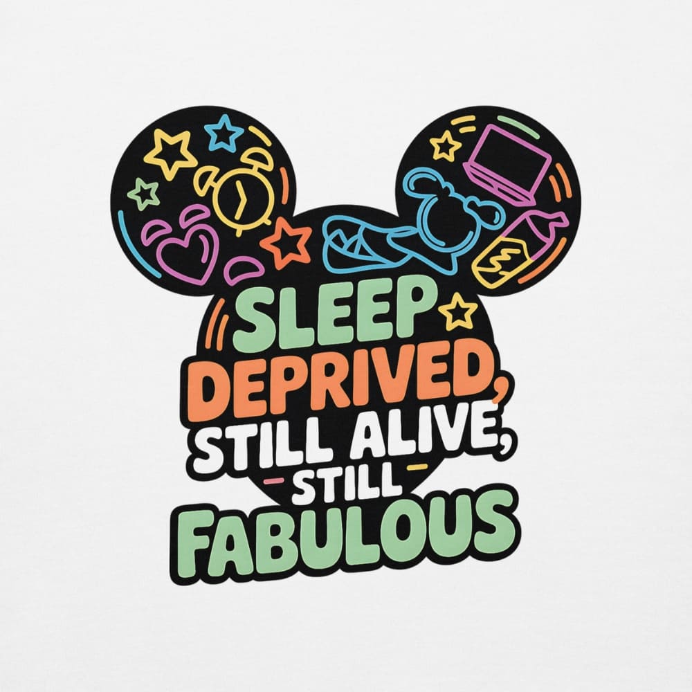 Colorful design with text 'Sleep Deprived, Still Alive, Still Fabulous' on a white background