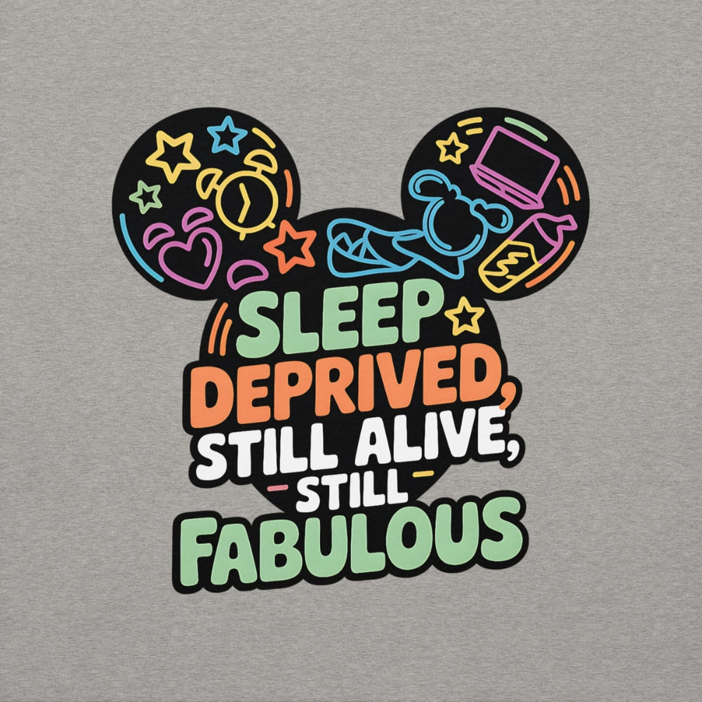 Gray sweatshirt with colorful Mickey Mouse ears design and text 'Sleep Deprived, Still Alive, Still Fabulous' on a gray background.