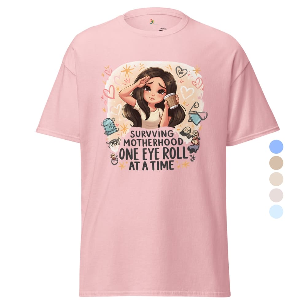 Pink t-shirt with graphic design and text on a white background