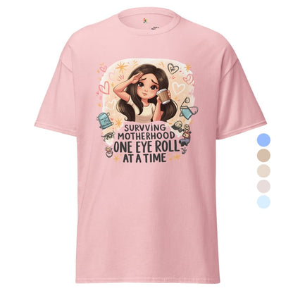 Pink t-shirt with graphic design and text on a white background